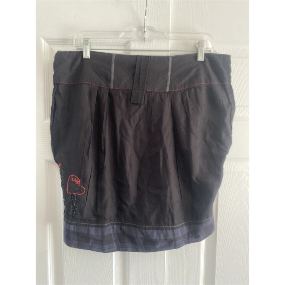 Desigual Embroidered Beaded Butterfly Plaid Hem Womens Size 42 Black Mini Skirt